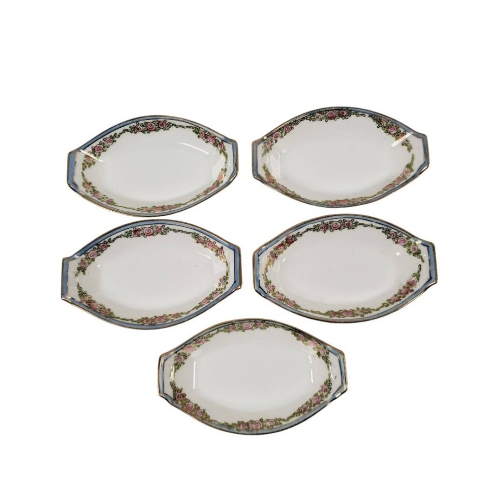 Nippon Salt Dish Set Rose Bud Pattern Bone China Gold Trim Vintage Made in Japan